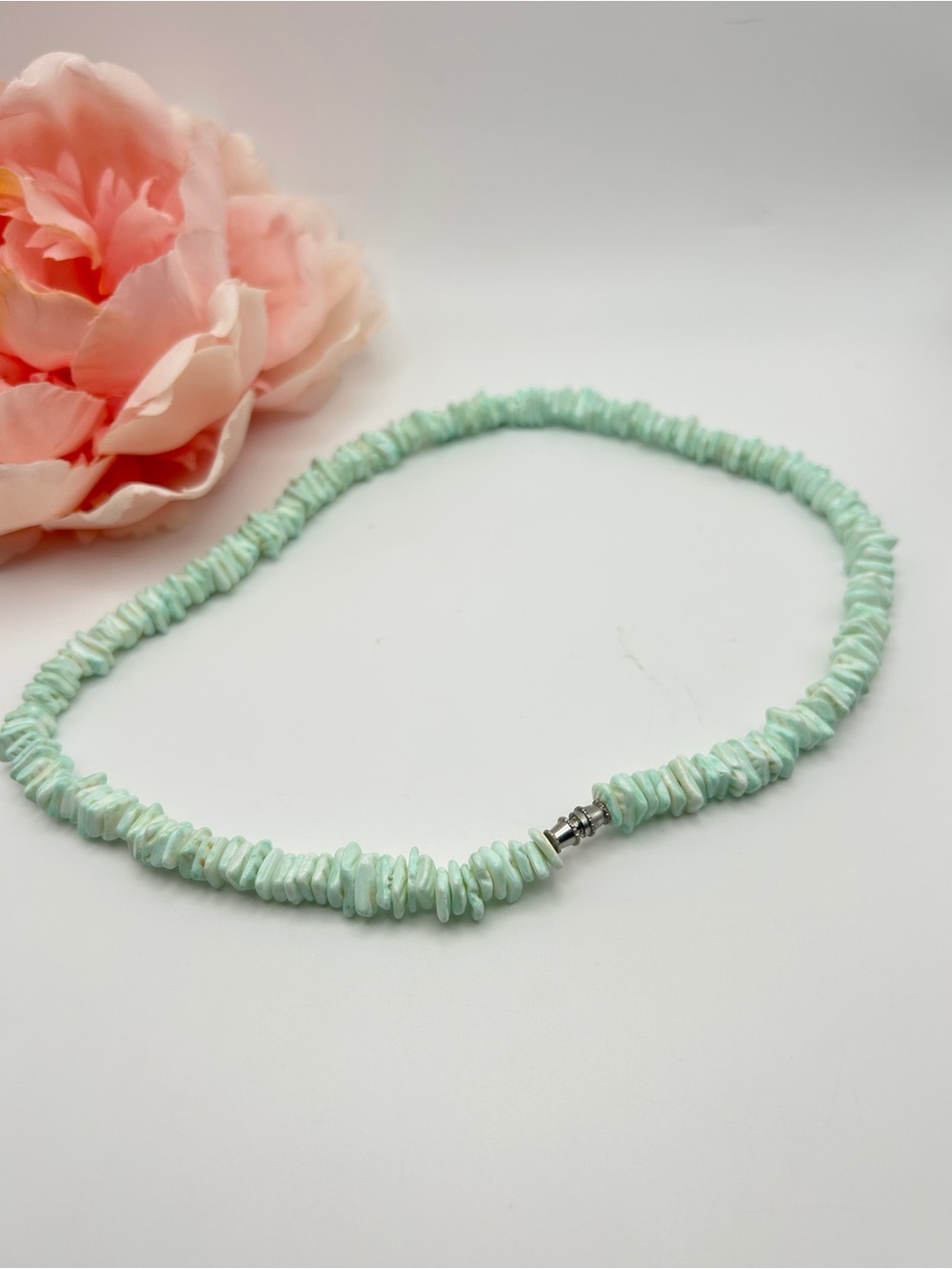 Mint Green Aqua Shell Chip Bead Coastal Necklace 18.5”